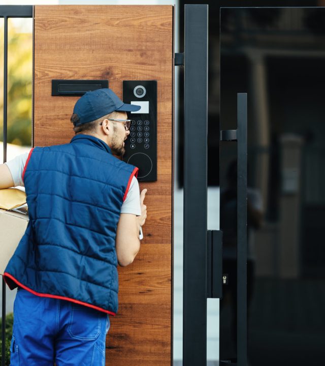 rear view of a courier ringing on customer's intercom while maki